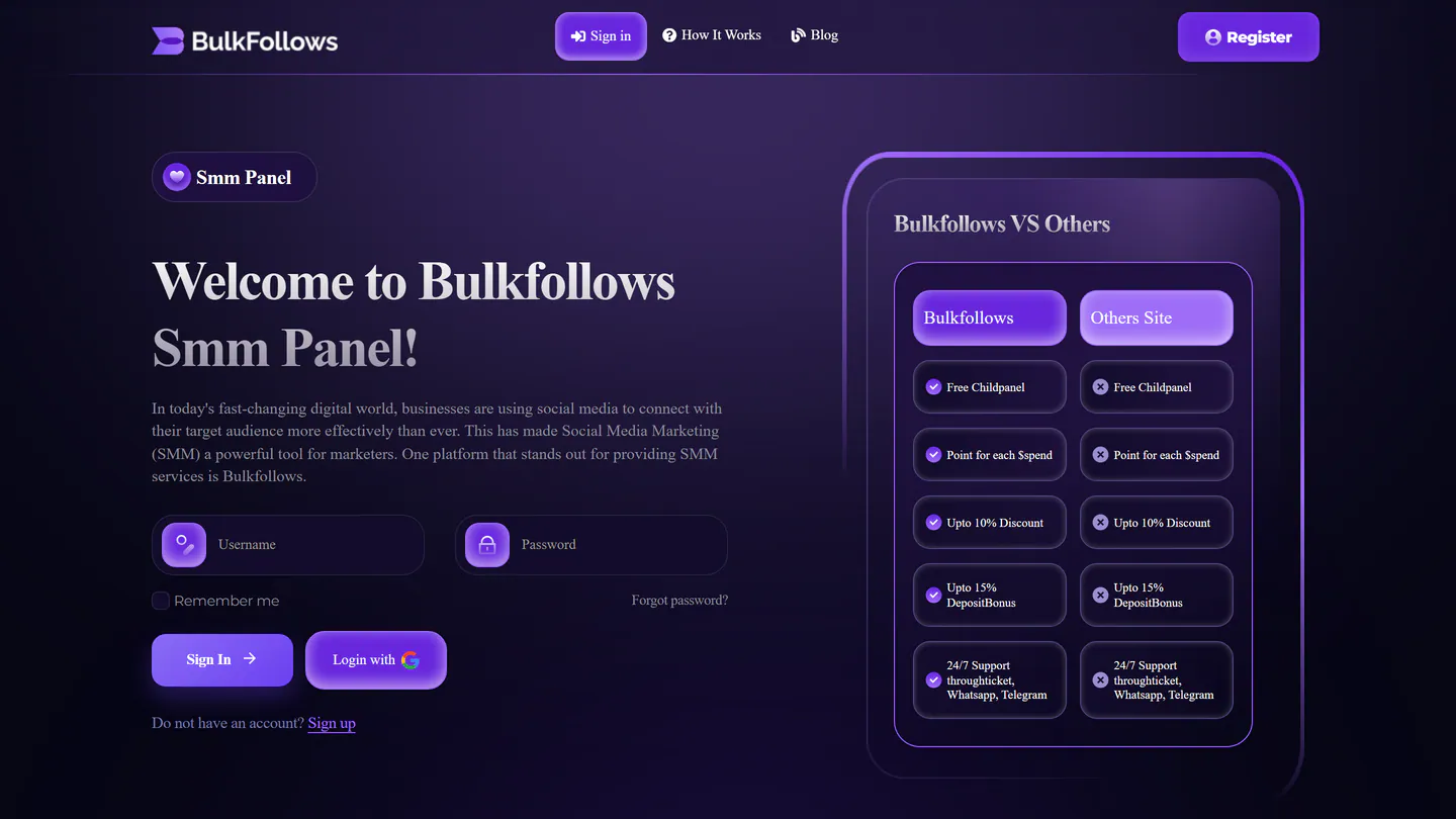 Die Startseite von BulkFollows unter bulkfollows.com, aufgenommen am 11. Sept. 2026