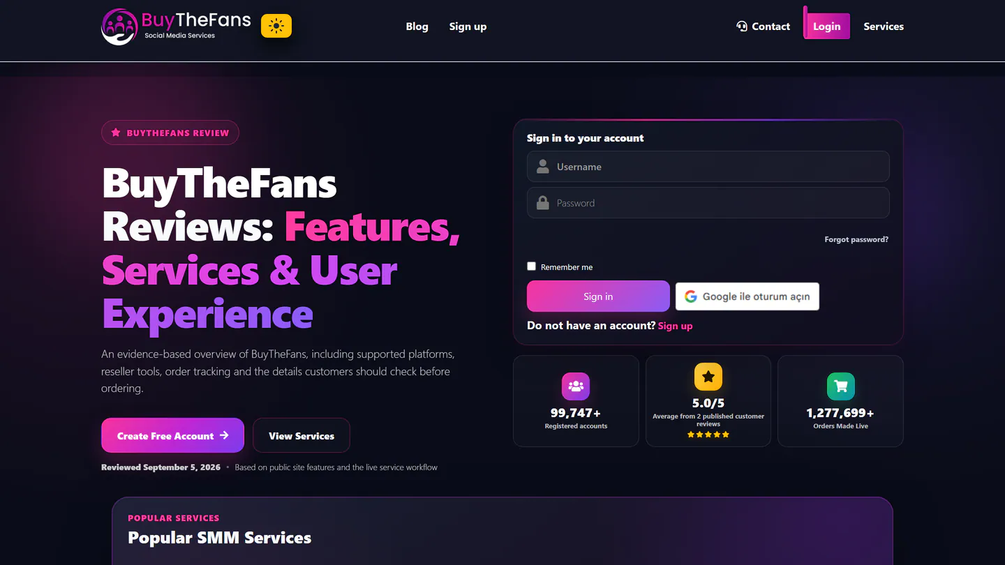 Главная страница BuyTheFans на buythefans.com, снимок от 11 сент. 2026 г.