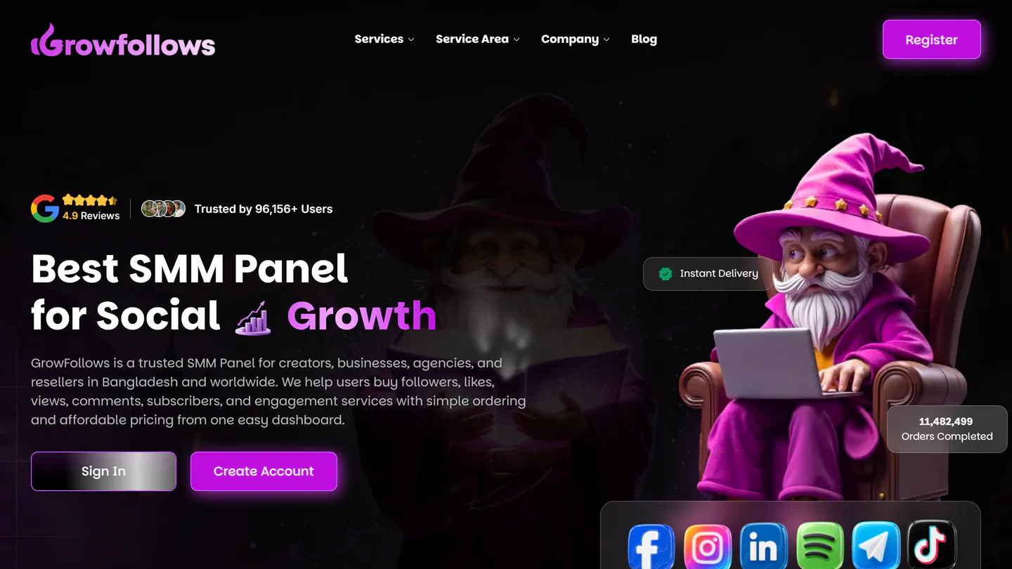 Главная страница GrowFollows на growfollows.com, снимок от 11 сент. 2026 г.