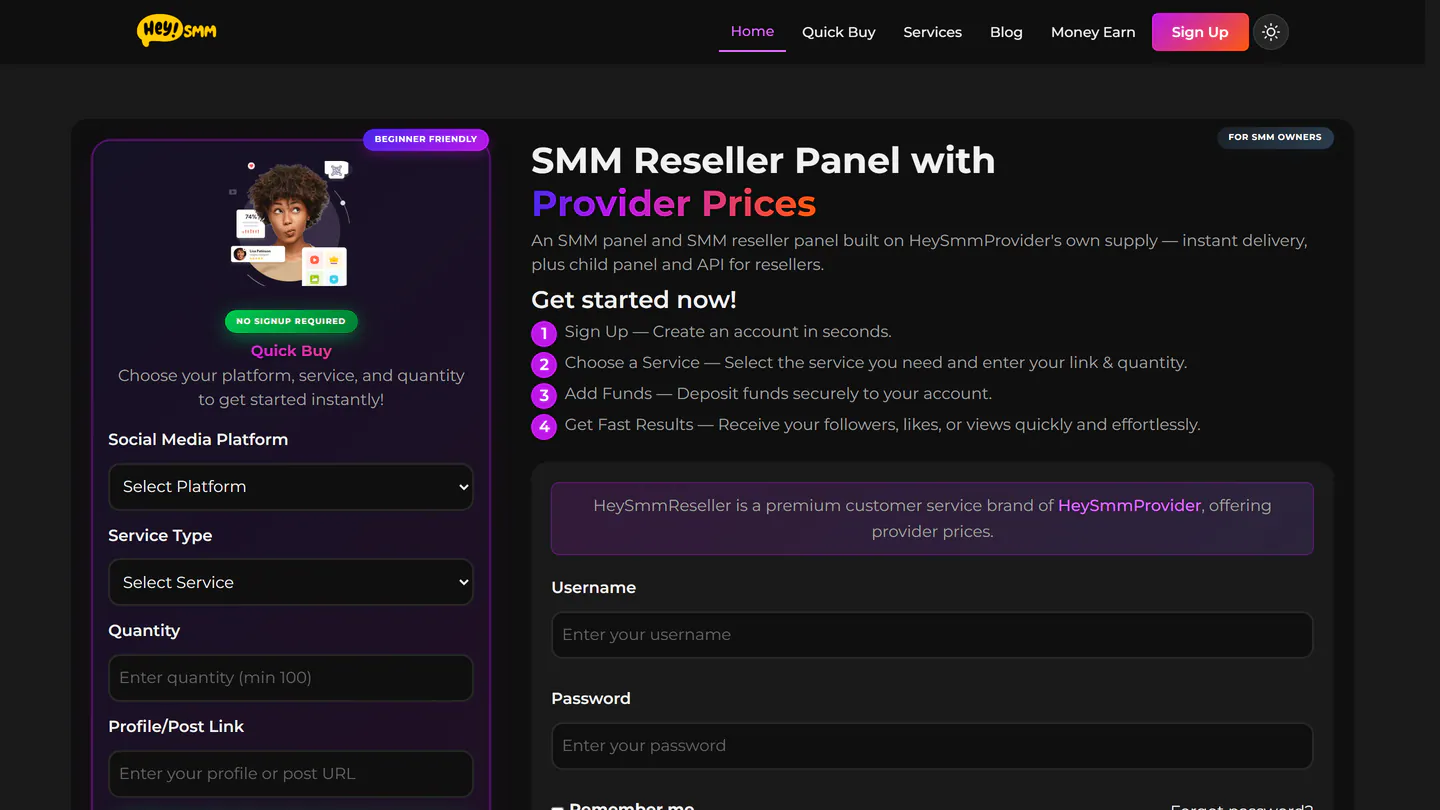 Die Startseite von HeySMMReseller unter heysmmreseller.com, aufgenommen am 11. Sept. 2026