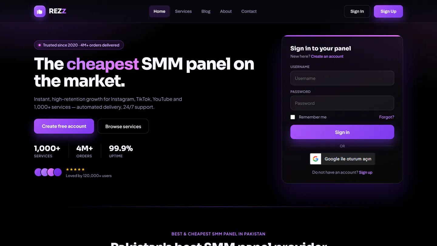 La página de inicio de Rezz SMM Panel en rezzsmmpanel.com, capturada el 11 sept 2026