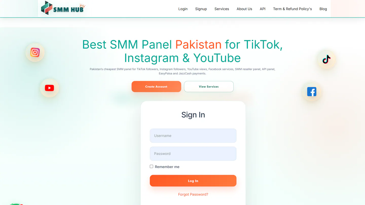 Главная страница SMM Hub Panel на smmhubpanel.com, снимок от 11 сент. 2026 г.