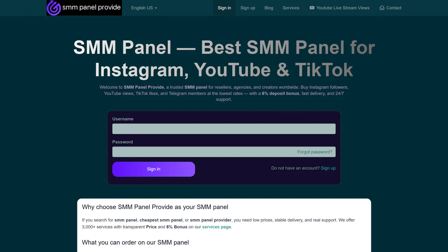 الصفحة الرئيسية لـSMM Panel Provide على smmpanelprovide.com، كما التقطناها في 11 سبتمبر 2026