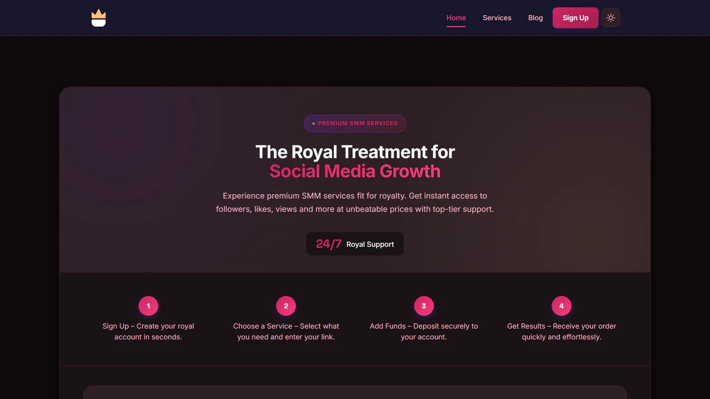 La page d’accueil de SMM Royale sur smmroyale.com, capturée le 11 sept. 2026