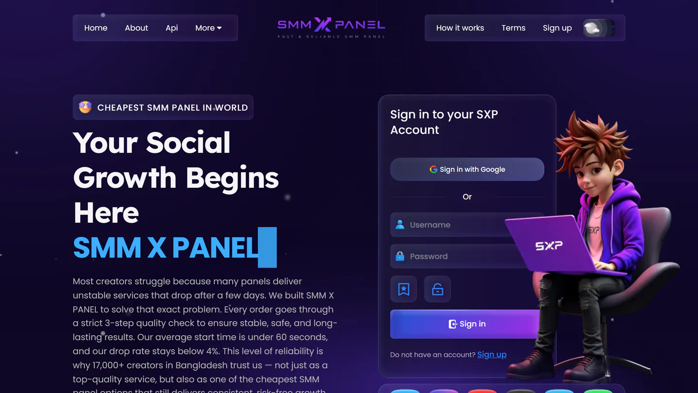 الصفحة الرئيسية لـSMM X Panel على smmxpanel.com، كما التقطناها في 11 سبتمبر 2026