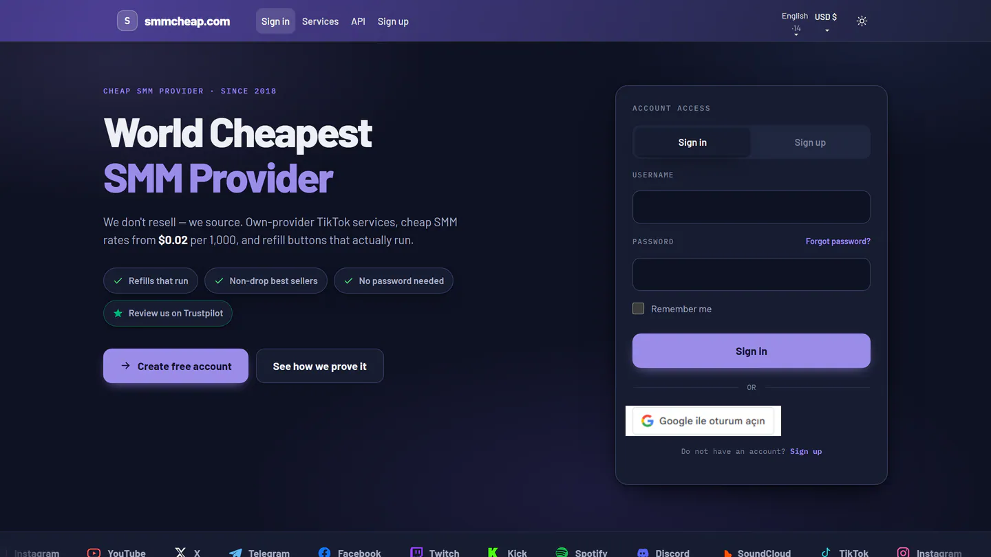 Главная страница SmmCheap на smmcheap.com, снимок от 11 сент. 2026 г.