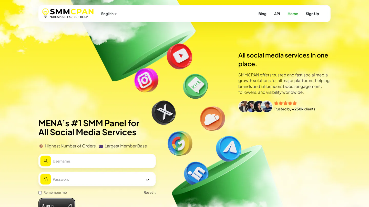 الصفحة الرئيسية لـSmmCpan على smmcpan.com، كما التقطناها في 11 سبتمبر 2026