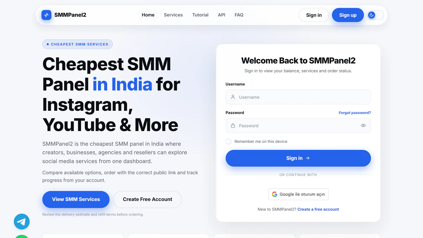 Die Startseite von SMMPanel2 unter smmpanel2.com, aufgenommen am 11. Sept. 2026