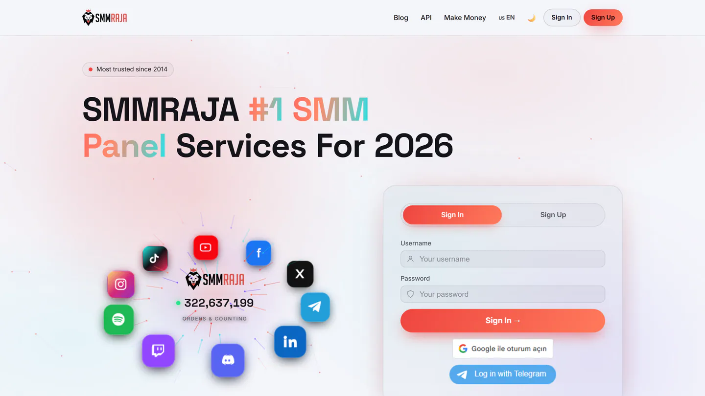 smmraja.com adresindeki SMMRaja ana sayfası, 11 Eyl 2026 tarihinde alınan görüntü