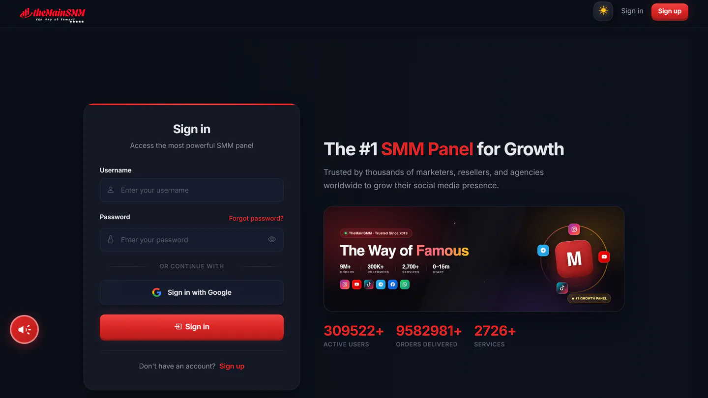 Главная страница TheMainSMM на themainsmm.com, снимок от 11 сент. 2026 г.