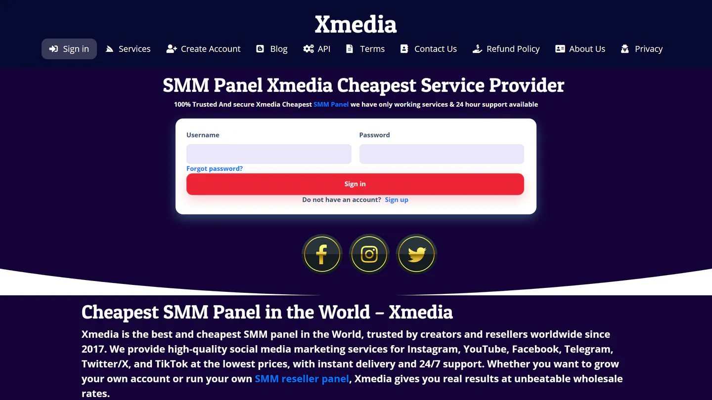 Beranda Xmedia di xmediasmm.in, seperti yang tertangkap pada 11 Sep 2026